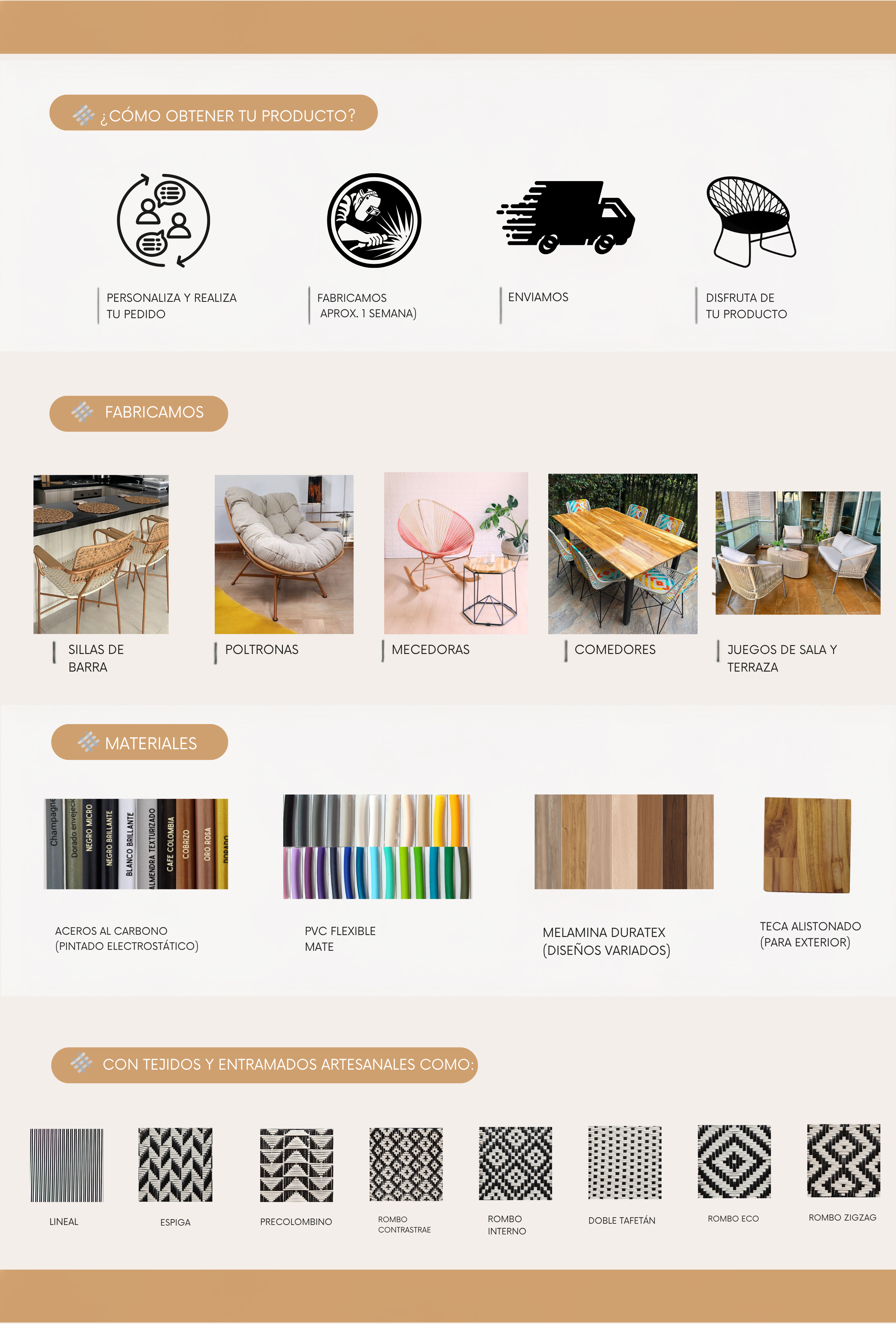 Fabricamos: sillas de barra, poltronas, mecedoras, comedores, juegos de sala y terraza